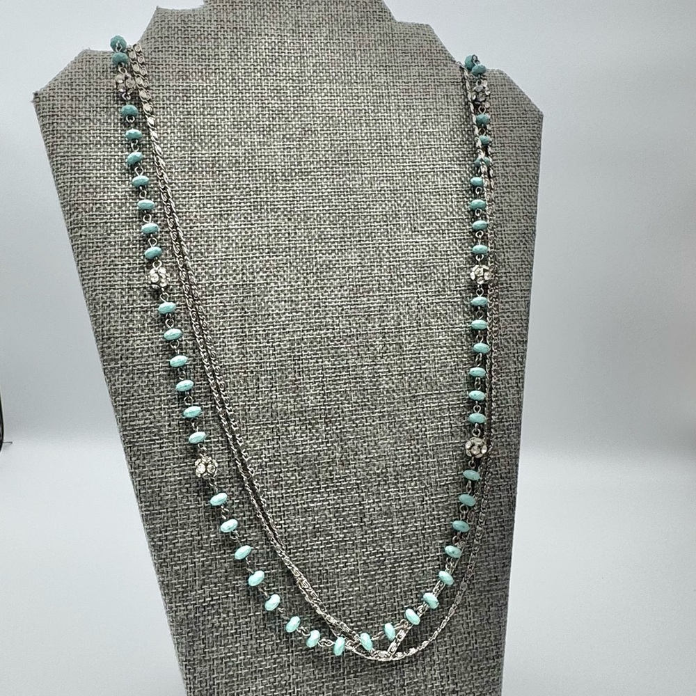 Turquoise Multi-strand Boho Necklace Silver Toned Chains 28” - Picture 6 of 11